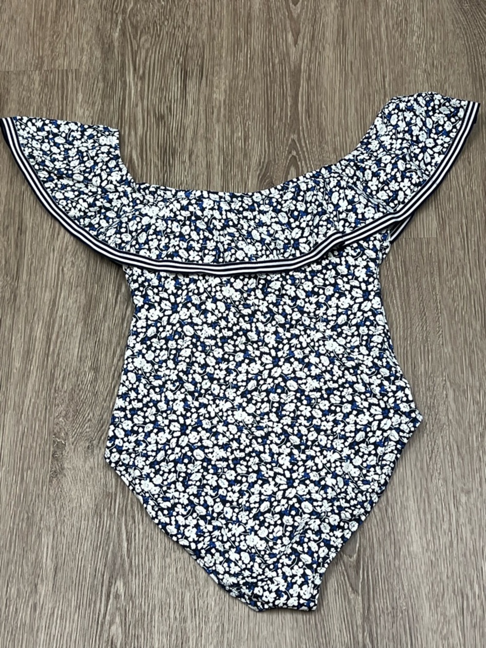 Lauren Ralph Lauren Off Shoulder One Piece Swimsuit Floral Ruffle Blue White - Picture 4 of 6
